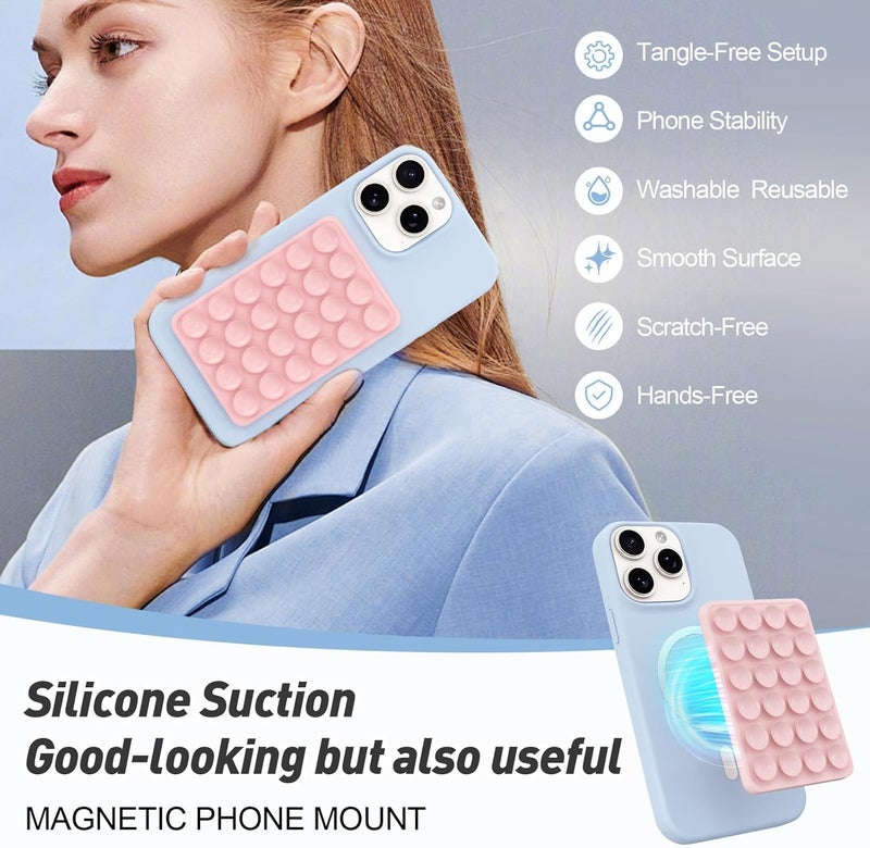 OPOM Magnetic Suction Phone Mount for MagSafe Case,Silicone Sticky Phone Grip Holder for iPhone,Removable Hands-Free Selfie/Video for TikTok & Instagram Influencer/Creator (Pink) - Image 3